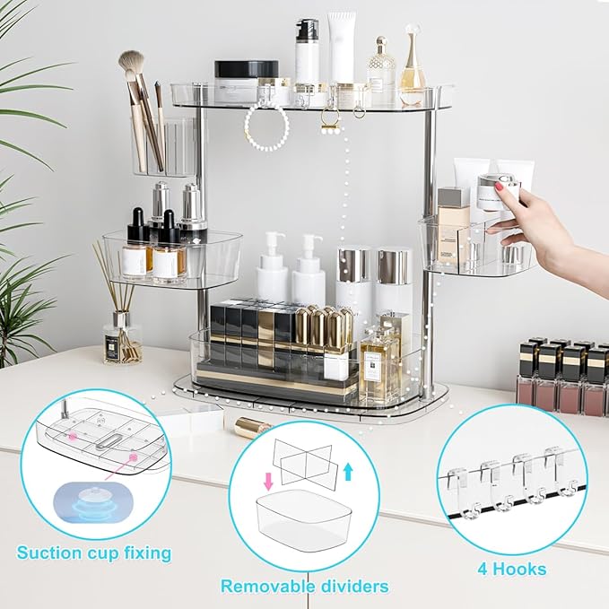 360 Rotating Makeup Organizer 2 Tier with 3 Adjustable Makeup Carousel Spinning Holder Rack - Large Cosmetic Display Case for Bathroom Countertop, Lipstick, Brushes, Skincare