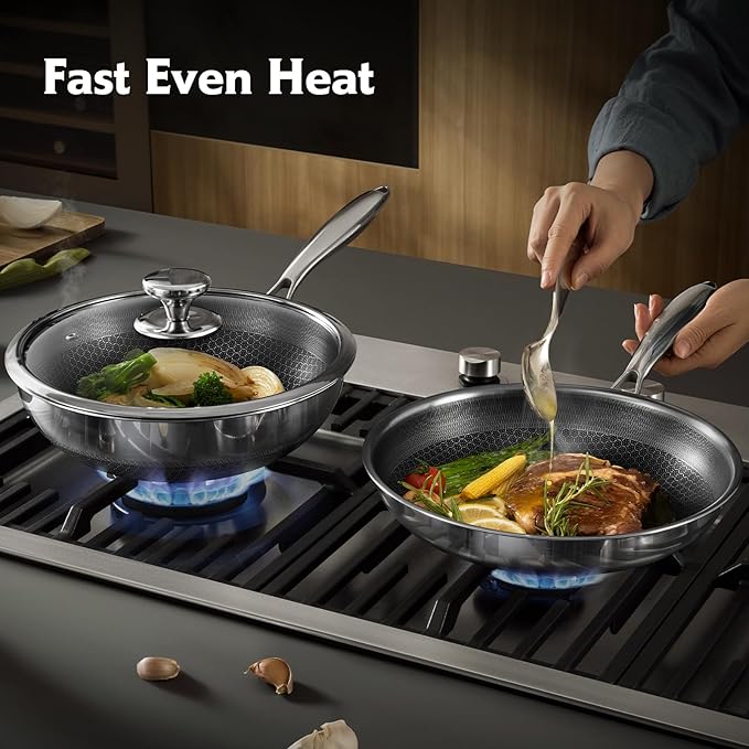 9-Inch Non Stick Frying Pans, Stainless Steel Skillet with Honey Design, Non Toxic Frying Pan with Cool-Touch Handle, Dishwasher Safe, Easy Use in the Kitchen