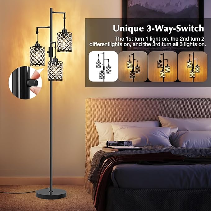GyroVu Crystal Floor Lamps for Living Room, 3-Light Black Floor Lamp, Standing Tall Lamp with Elegant K9 Crystal Shade & Rotary Switch, Modern Corner Floor Lamp for Bedroom, Home Office, Reading