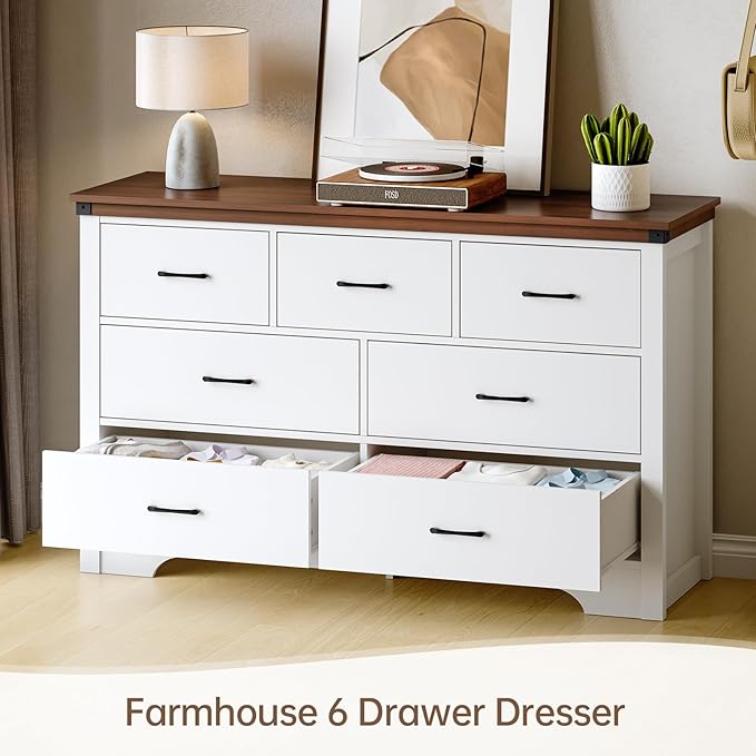 Farmhouse 7 Drawer Dresser For Bedroom, 51" Wide Chest Of Drawers, Wood White Dresser With Metal Handle And Anti-Tipping Device, Storage Dressers Organizer For Bedroom, Living Room, Hallway, White