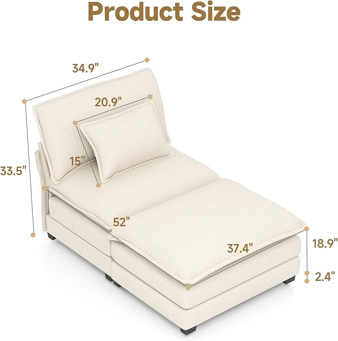Real Relax 34.9'' Modular Sectional Sofa, Single Seat Without Armrest Corduroy Convertible Couch with Movable Ottoman, 2 Pillows for Living Room, Office and Leisure Places, Beige