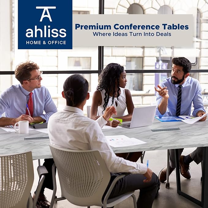 Sturdy Conference Table with Cable Management Grommets Modern Rectangle Office Meeting Table with Wood Tabletop and Metal Frame & Legs- Easy Assembly Boardroom Table (White Marble, 8 Foot)