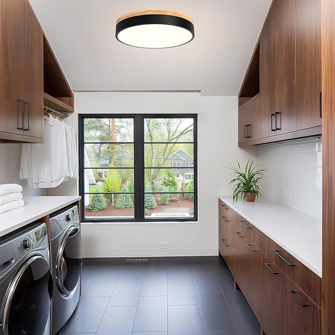 Dimmable Modern Wood Ceiling Light, Black LED 5CCT 2700K-6000K Flush Mount Ceiling Lighting Fixture, Round Light Fixtures for Kitchen Entryway Hallway Bedroom Laundry Room-11.8in