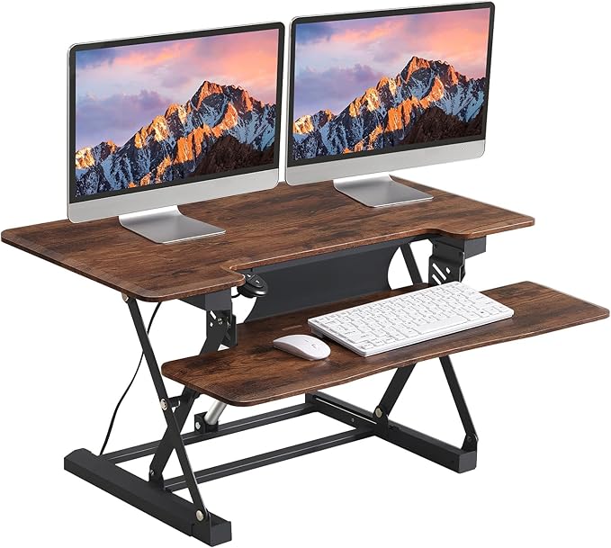 46" Electric Standing Desk Converter, Dyropcurv Series Height Adjustable Computer Desk Ergonomic Home Office Desk for Adults, Sit to Stand Desk with Quiet Motor, Vintage Brown