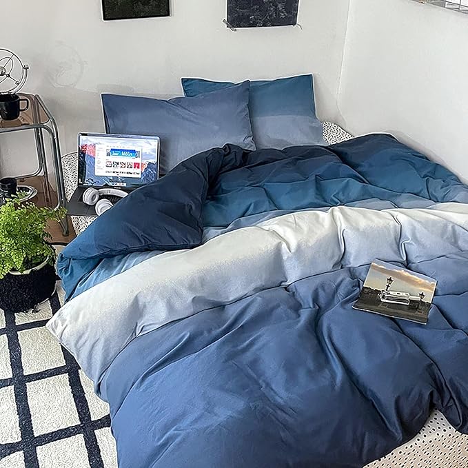 Luxlovery Gradient Blue & White Comforter Set King Ink Blue Bedding Set Solid Navy Blanket Quilts Soft Breathable Blanket Quilts Abstract Comforter Set Women Men