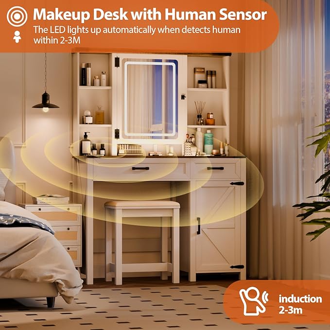 Makeup Vanity, Farmhouse Vanity with Mirror & Generous Clear Glass Countertop, 40'' Intelligent Makeup Desk with Multi-Functional Charging Station & Human Body Sensing LED Lights, White