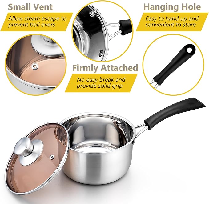 E-far Saucepan with Lid Set, 1 Quart and 2 Quart Stainless Steel Sauce Pan, Multipurpose Small Pot Set for Home Kitchen Restaurant Cooking, Easy Clean & Rust Free, Dishwasher Safe