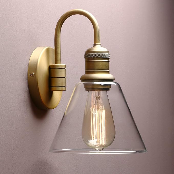 Yosoan 1-Light Brass Modern Vintage Indoor Wall Sconce, Vanity Single Luxury Hardwired Retro Textured Clear Funnel Flared Glass Shade with Industrial Gooseneck Curved Rod Bathroom Lamp(Antique)