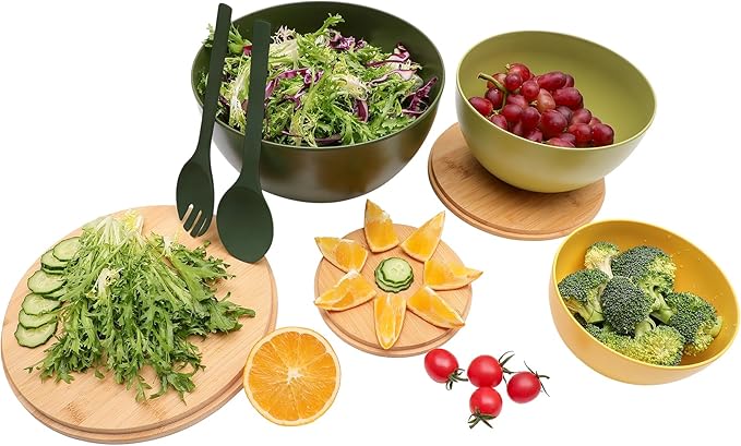 Salad Bowls Set of 3 with Lid & Serving Utensils, Colorful Serving Bowls, Bamboo Fiber Salad Bowls with Bamboo Lid, Kitchen Bowls for Salad, Kitchen Eating, Pasta, Popcorn, Fruit (3 Colors)