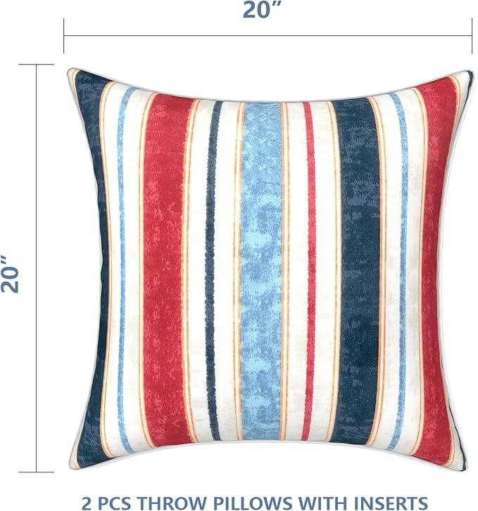 LVTXIII Outdoor Throw Pillows 20x20 Patio Waterproof Square Pillows with Piping Fade Resistant Accent Pillow for Spring Summer Garden Decoration, Set of 2, Stripe Red Blue