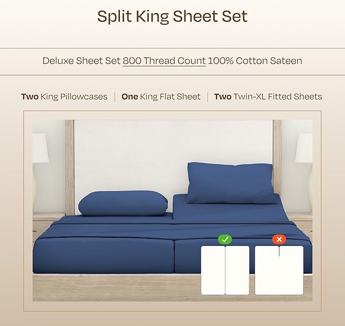 California Design Den Split King Sheets Sets for Adjustable Bed - Luxury Hotel 800 Thread Count Sateen, Natural 100% Cotton Bed Sheets, Deep Pockets with Anti-Skid Elastic, Cool & Durable - Navy Blue