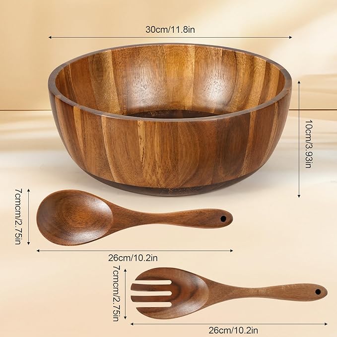 Wooden Salad Bowl Set 11.8 Inch – Acacia Large Wood Salad Bowl with Wooden Serving Utensils, Big Salad Bowls for Fruits, Food Serving & Hosting Family Gatherings