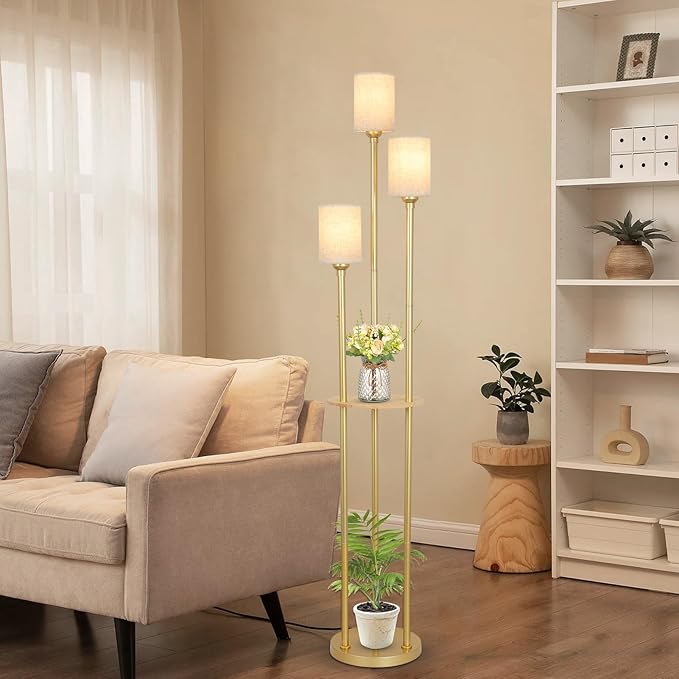 Floor Lamps for Living Room, 3-Lights Modern Floor Lamp with Shelves, Gold Standing Lamp with Fabric Shade and Foot Switch, Shelf Standing Lamps with Table, Tall Table Lamps for Bedroom Office