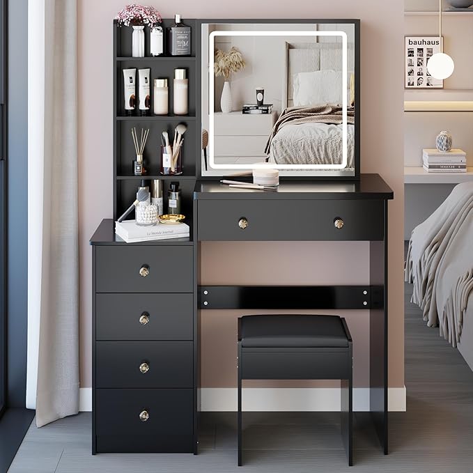 37" Vanity Desk with Mirror and Lights, Makeup Table with Led Lights and Sliding Mirror, 3 Lighting Colors, Vanity Set with Drawers and Stool for Bedroom, Black
