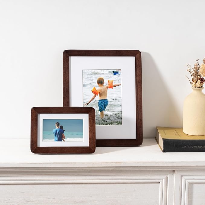 5x7 Picture Frame - Solid Walnut Wood 5 x 7 Photo Frame, 5''x7'' Frame With Mat For 4x6, Tabletop and Wall Display, Hanging Hardware Included, 5 By 7 Picture Frame Wood, Natural Walnut