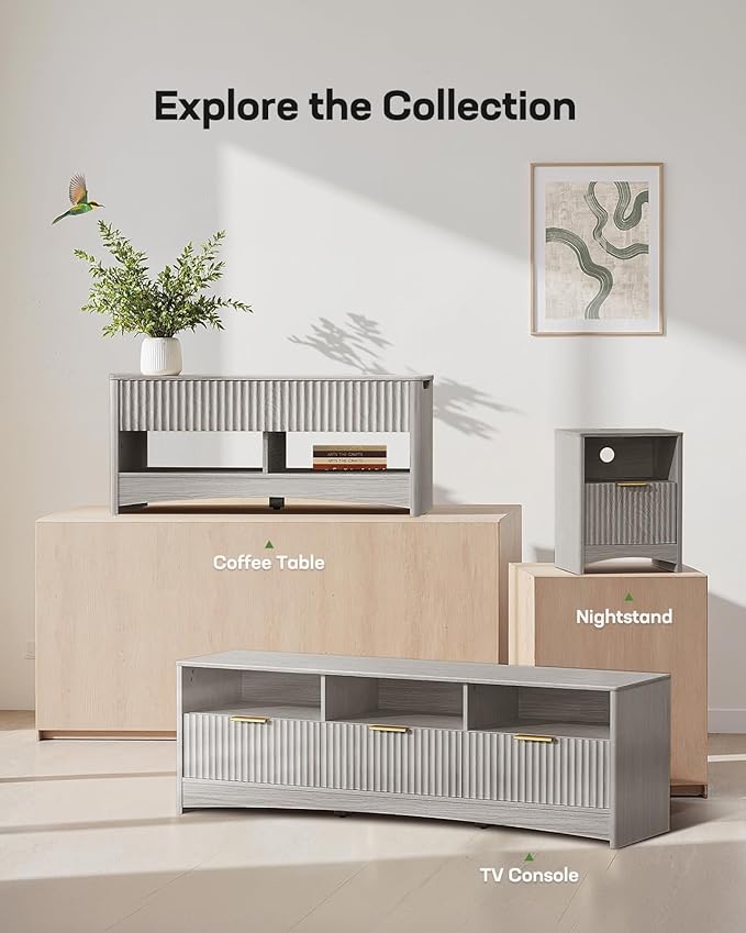 Marsail 59″ Wide TV Stand for TVs Up to 65″, Modern Entertainment Center with Fluted Panels, 3 Easy-Sliding Drawers, Open Shelves & Cable Hole, Sturdy 3-Tier TV Stands for Living Room & Bedroom, Grey