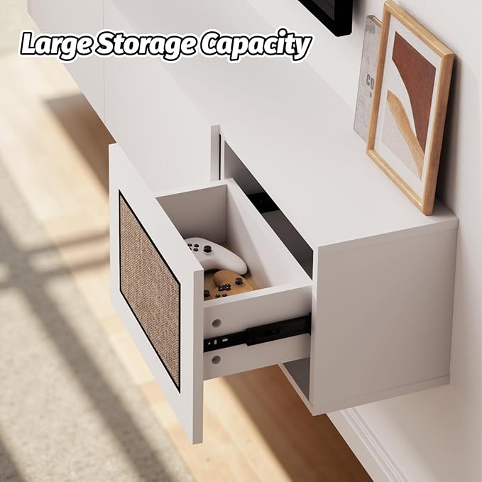 Pmnianhua Boho Floating TV Stand 55", Modern Wall Mounted Media Console with Cotton-Rayon Doors for Under TV Shelf,Entertainment Center,Living Room,Bedroom(White)