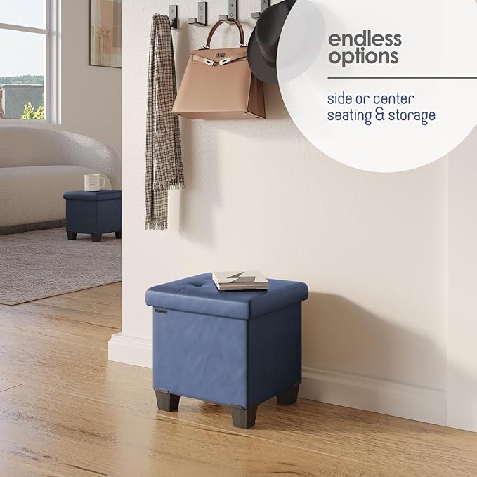 STORAGEBUD Storage Ottoman Cube with Small Bin, 16-in Square Ottoman with Storage for Living Room and Bedroom, Small Ottomans Foot Rest, Faux Leather Foot Stools Ottomans Max 330lbs, Blue