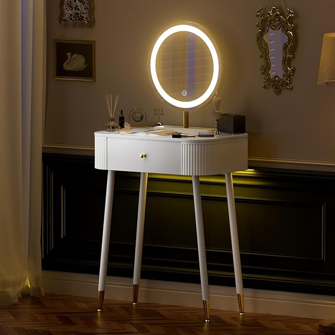 WinZo 24" Vanity Desk with Mirror and Lights, Small Makeup Vanity Table with 1 Storage Drawers, 3 Color Touch Screen Stylish Dressing Table for Small Spaces & Bedroom, White