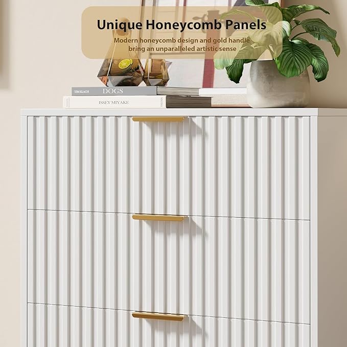 GarveeHome Fluted 5 Drawer Dresser for Bedroom, 48" Tall Modern Chest of Drawers with Deep Drawers and Wide Top, Wooden Dresser Organizer for Living Room, Hallway, Kids Room, White