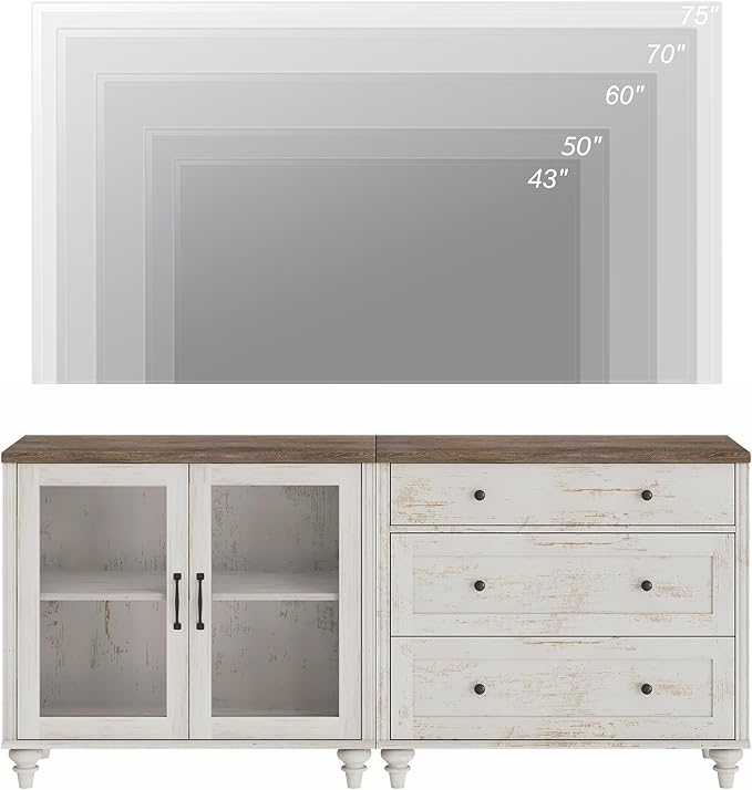 WAMPAT TV Stand for 75 Inch TV, Wood TV Cabinet Entertainment Center Television Stands for Living Room, 2-in-1 Sideboard Buffet Cabinet with Glass Door & Drawer for Kitchen, Rustic White