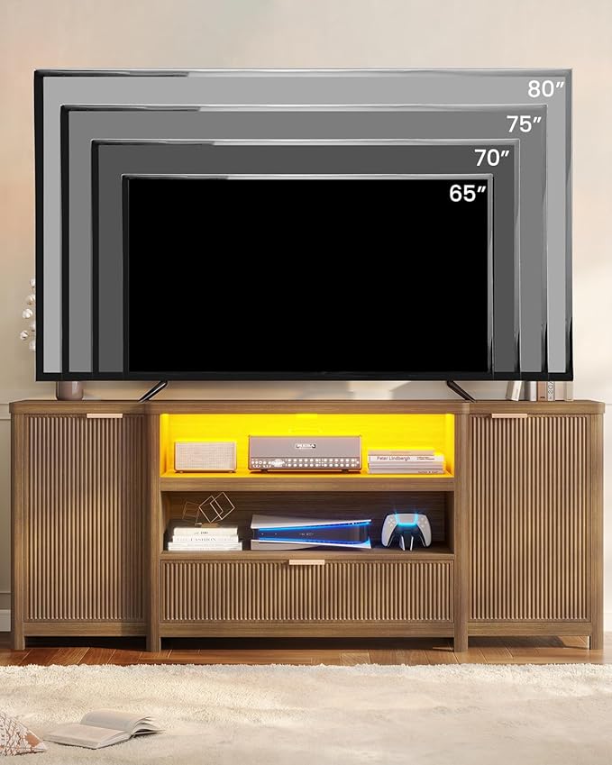 AOGLLATI Fluted TV Stand for Living Room, 71” Heavy-Duty TV Console Cabinet with Storage and Shelf, Mid Century Modern Television Stands with Drawers for 60/65/70/75/80 TV, Wood (Wood)