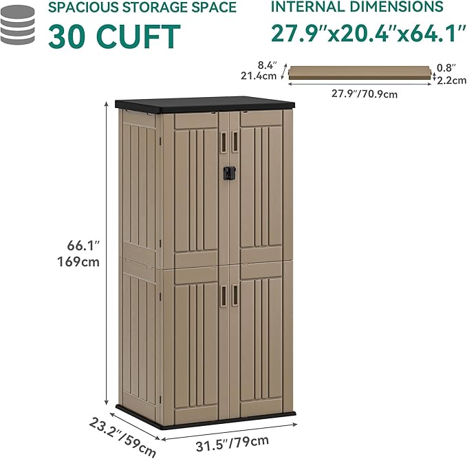 YITAHOME Outdoor Tall Storage Cabinet with 4 Shelves, Waterproof Resin Vertical Tool Shed, Lockable 30 cu. ft. Storage Shed for Patio, Garden, Yard, Brown