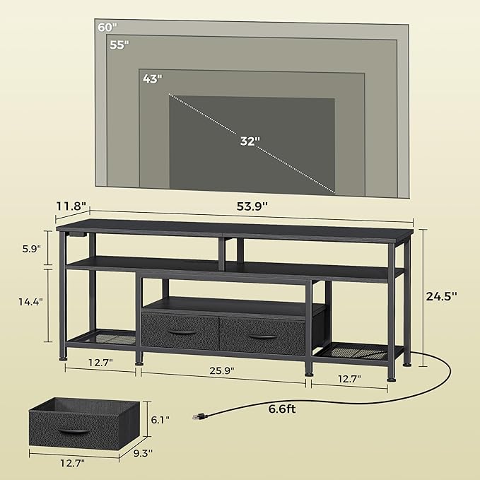 Huuger TV Stand for 55 60 Inch TV, Entertainment Center with Power Outlets and LED Lights, 54 Inch TV Console for Living Room, Media Console with Drawers and Shelves, Black