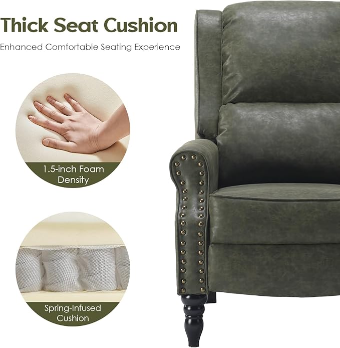 Leather Recliner Chair, Adjustable Backrest Footrest, Pushback Recliner with Overstuffed Arms Lumbar Support for Reading Mid Modern Reclining Chair, Living Room, Green