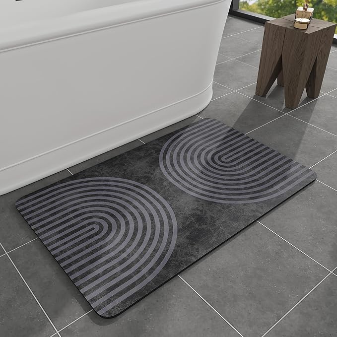 MontVoo -Bath Mat-Non Slip Thin Bathroom Rugs Fit Under Door- Quick Dry Absorbent Faux Suede Surface Grey Bathroom Floor Mats-Shower Rug for in Front of Bathtub Shower Dark Grey Arched 16x24