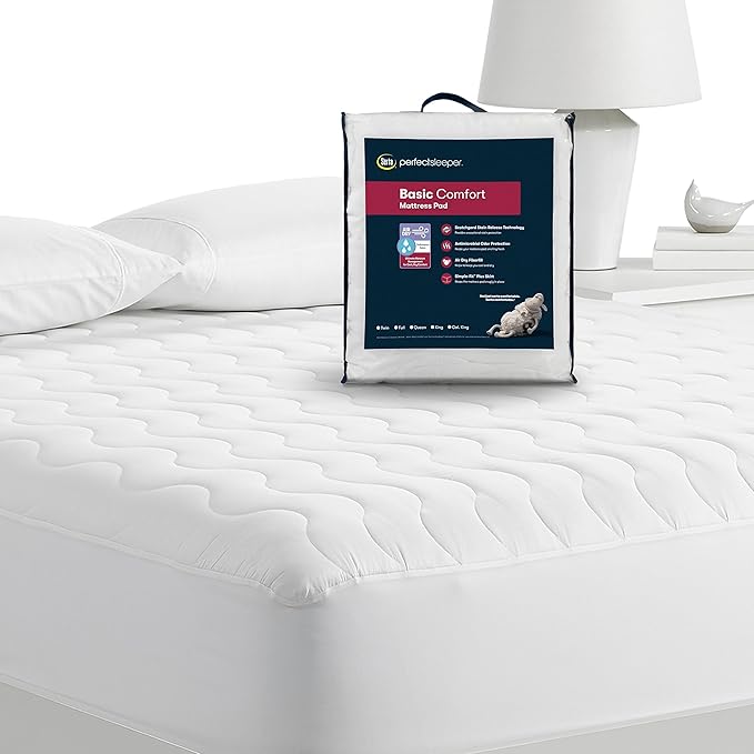 Serta Air Dry Basic Comfort Performance Fabric Quilted Mattress Pad, Cooling and Breathable Mattress Cover, Moisture Wicking Protection with 15" Deep Pocket, Twin, White