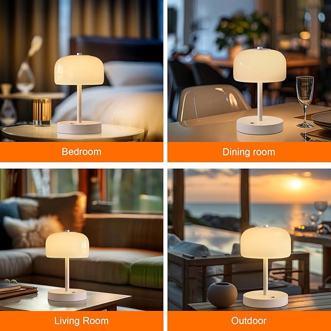 PORTRES Cordless Table Lamp Rechargeable Battery Operated Mushroom lamp Opal Glass Shade 3 Way Dimmable LED Touch Outdoor Lamp for Camping Bedroom Dining Living Room Beside Patio Restaurant,White