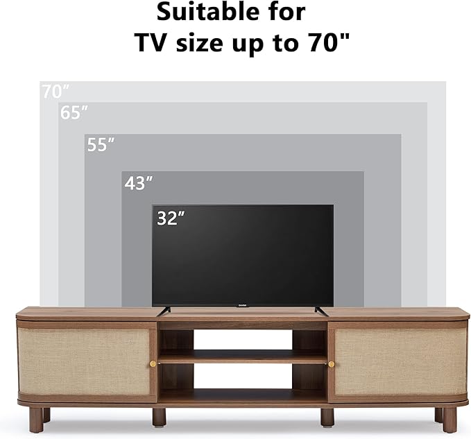 AVZEAR Curved Profile Farmhouse TV Stand for TVs Up to 70 Inches, Mid Century Modern Entertainment Center with Storage & Natural Linen Doors, Large Media Console for Living Room, Bedroom, Walnut