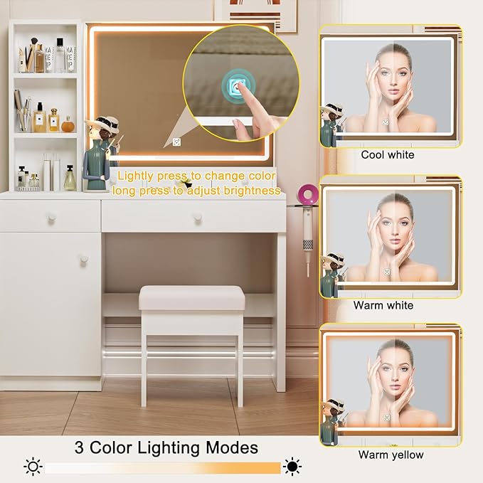 Makeup Vanity Desk with Mirror and Led Lights,Makeup Desk with Lights 3 Colors,Makeup Vanity with 5 Drawers&3 Shelves, Vanity Table with Stool and Power Outlet, Vanity Set for Bedroom,White