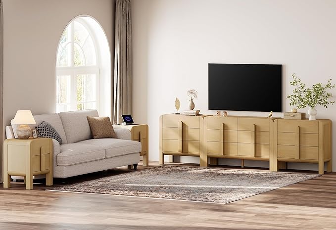 WAMPAT 5 Piece Dresser and Nightstand Sets for Bedroom, Modern 47.2" Wide 6 Drawer Chest & 3 Drawer Dresser Set of 2, and Nightstand Set of 2 with Charging Station,Oak