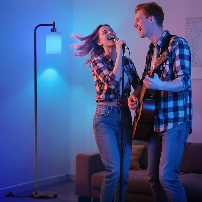 RGB Floor Lamps for Living Room, Dimmable Industrial Standing Lamp with Remote Control for Bedroom Office Corner, 3 Colors Temperature, White Glass Shade, 9W RGB LED Bulb