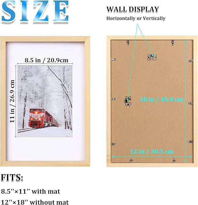 Egofine 12x18 Solid Wood Picture Frame, Made of Solid Wood Covered by Plexiglass 8.5x11 with Mat 12x18 without Mat, Poster Frame for Wall Mounting Photo Vertically or Horizontally, Natural Wood
