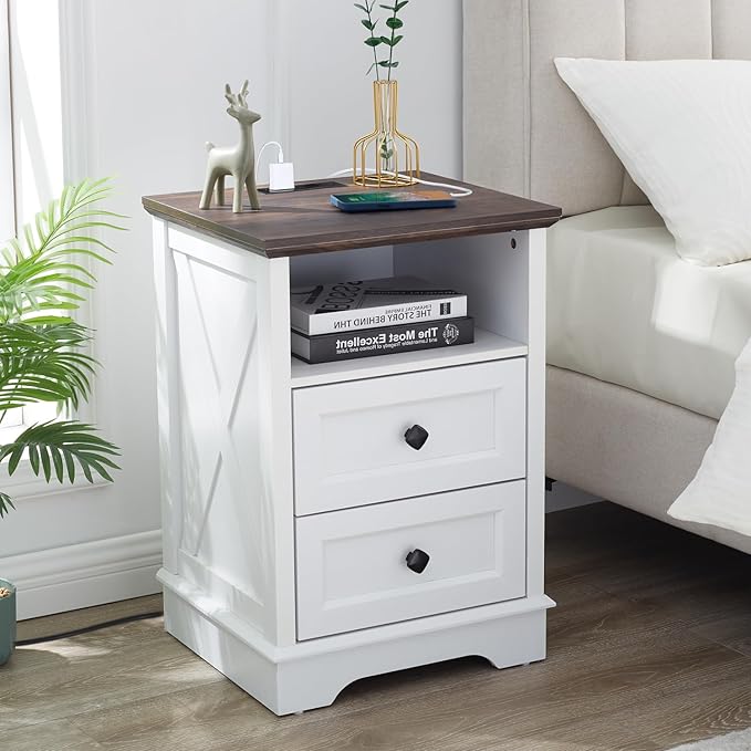 Farmhouse 2 Drawers Dresser for Bedroom, Rustic Small Chest of Drawers with Charging Station, Wood End Table with Open Shelf, White Modern Nightstand for Bedroom, Living Room, Entryway