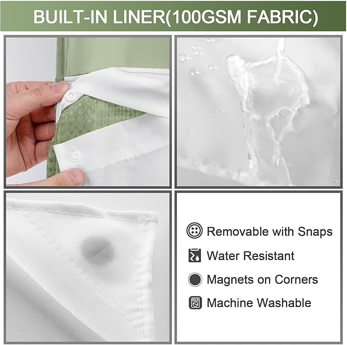 YellyHommy No Hook Shower Curtain with Snap in Liner Set Less Time Waffle Shower Curtain for Bathroom 75" L x 72" W Sage Green