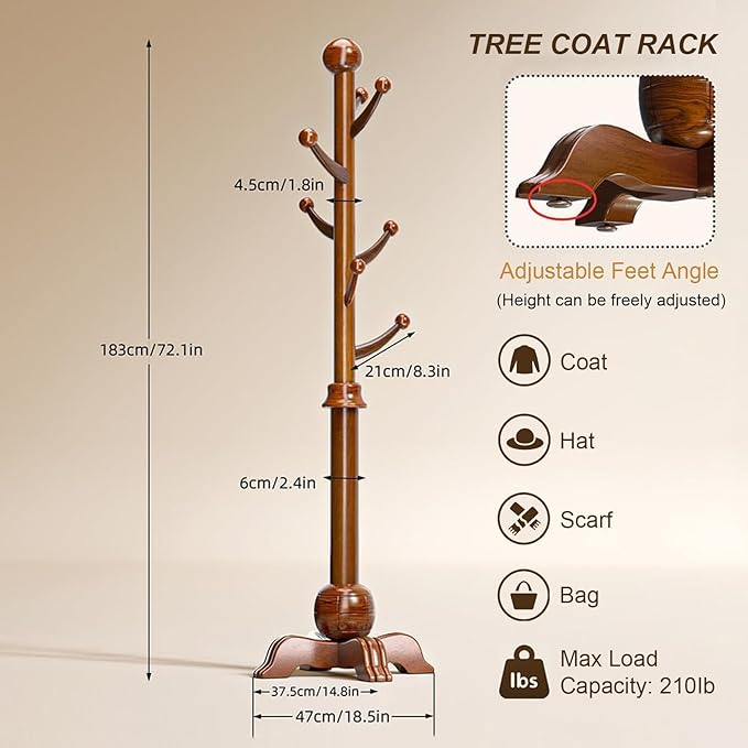 Hall Tree, Freestanding Wood Tree Rack with 7 Hooks, Coat Rack with Stable Sphere Base, Wooden Coat Rack Stand, Load 210 lb, Coat Hanger Stand for Entryway, Hallway, Bedroom, H:72 in, Walnut