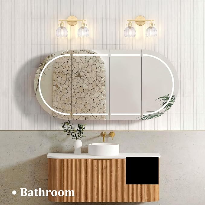 Bathroom Light Fixtures, 2-Light Brass Vanity Wall Light Over Mirror with Clear Tulip Glass Shade for Bedroom Living Room