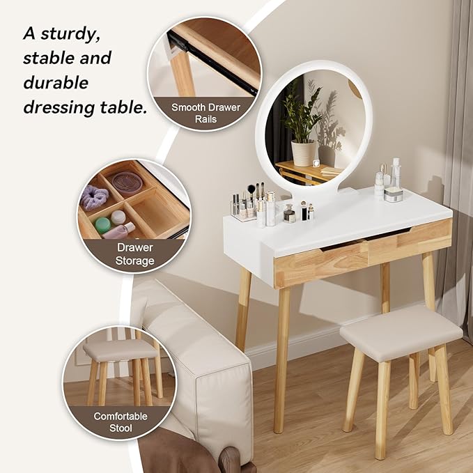 YOURLITE Makeup Vanity Desk with Lights,Small Vanity with Adjustable Brightness Mirror for Small Spaces, Dressing Table with Drawers (31.5", Circular Mirror Wood)