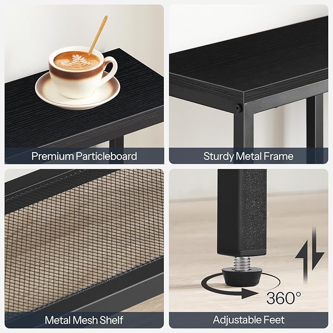HOOBRO Narrow Console Table, Sofa Table, 4-Tier Industrial Hallway Table with Metal Mesh Shelf, Entryway Table with Adjustable Feet, for Entryway, Living Room, Hallway, Black BB79XG01