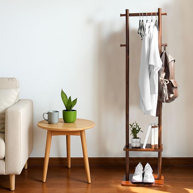Coat Rack,Wooden Coat Rack Freestanding,Standing Coat Racks Tree Clothes Hanger Stand with Stury Base for Entryway, Livingroom, Bedroom,Easy to Assemble(Brown)