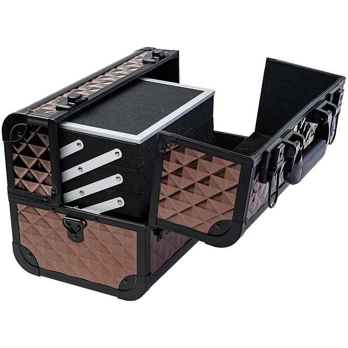 SHANY Premier Fantasy Professional Makeup Train Case Cosmetic Box Portable Makeup Case Organizer Jewelry storage with Locks, 3 Trays,Makeup Brush Holder and Cosmetics Mirror - Copper