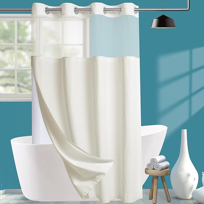 Conbo Mio Stall No Hook Waffle Weave Shower Curtain with Snap in Liner Set, Hotel Luxury Beige Shower Curtains for Bathroom with See Through Top Window, Waterproof, Washable 54W x 74H