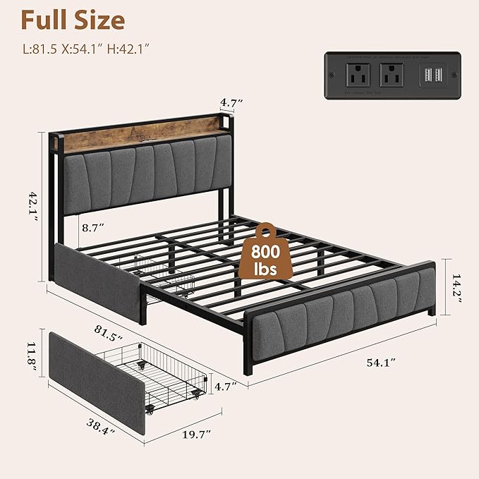 Full Size Bed Frame with 2 Storage Drawers and Charging Station, Rustic Linen Upholstered Platform Bedframe with Storage Headboard, Heavy Duty, No Box Spring Needed, Easy Assembly, Noise Free,Grey