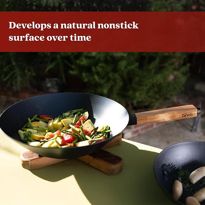 Alva Forest 4-Piece Blue Carbon Steel Pan & Wok Set – Pre-Seasoned, Natural Nonstick, PFAS/PFOA/PTFE-Free – Healthy, Non-Toxic Cookware for All Stovetops & BBQ