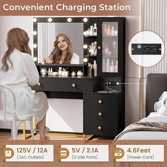 Tiptiper Large Makeup Vanity with Lights, Vanity Table with Charging Station Vanity Desk with Mirror and 10 LED Light Bulbs, Makeup Table with 5 Drawers, Nightstand and Storage Shelves, Black & Gold