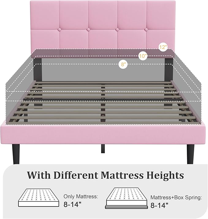 Full Size Bed Frame, Full Size Platform Bed Frame with Headboard, Upholstered Headboard, Sturdy Wooden Slats, Noiseless No Box Spring Required, Easy to Assemble, Pink
